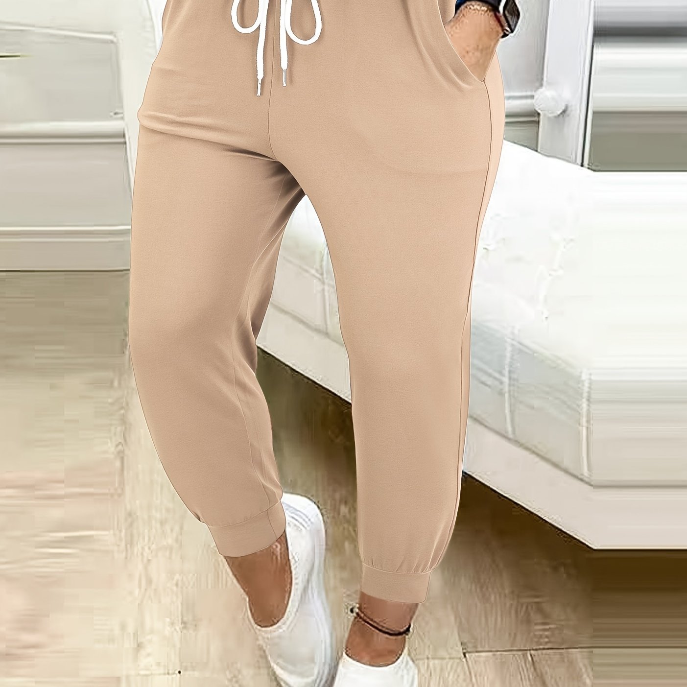 Plus Size Casual Solid Color Drawstring Waist Pants with Pockets for Women