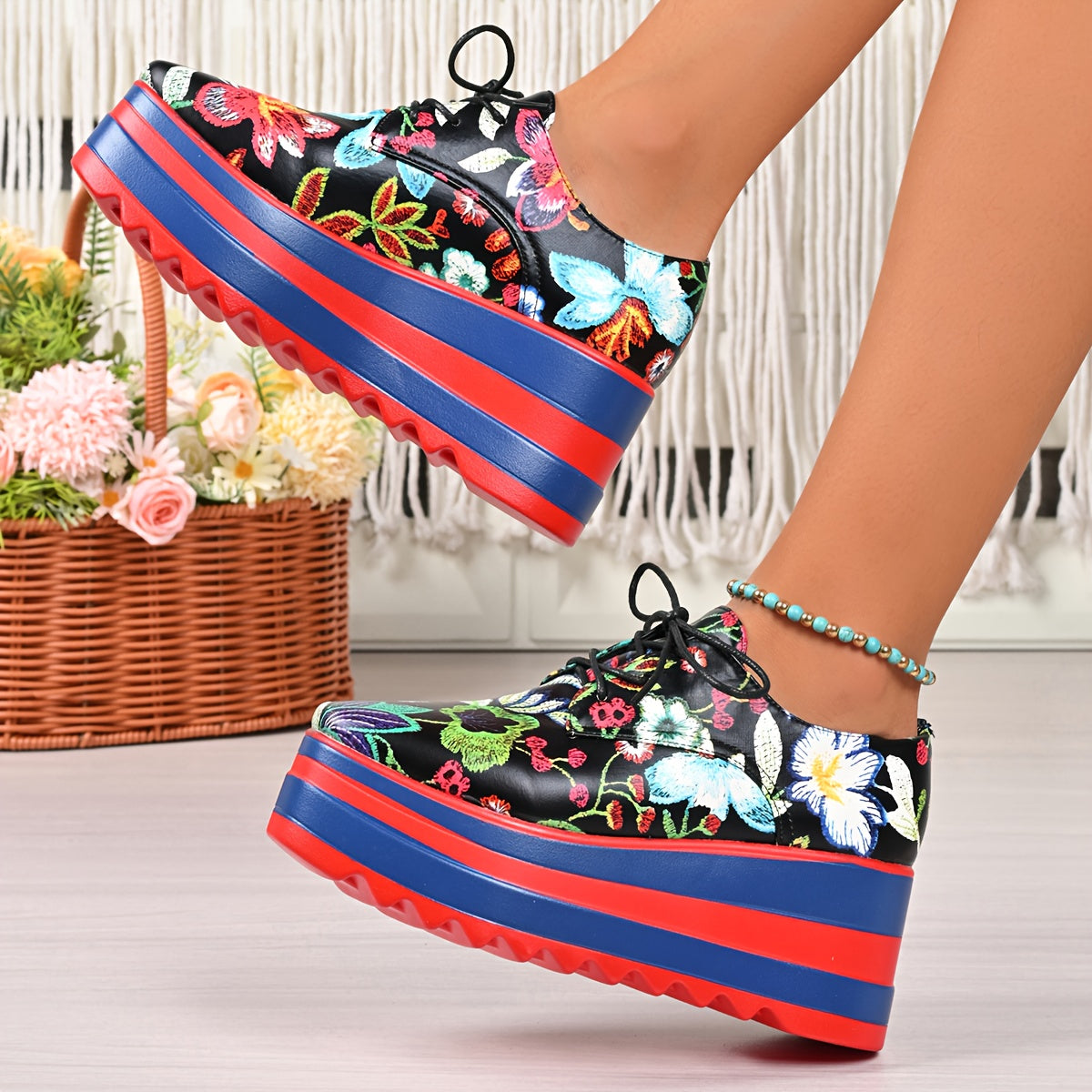 Women's Floral Lace-Up Shoes Synthetic Cover Thick Platform Sole All-Season Comfortable
