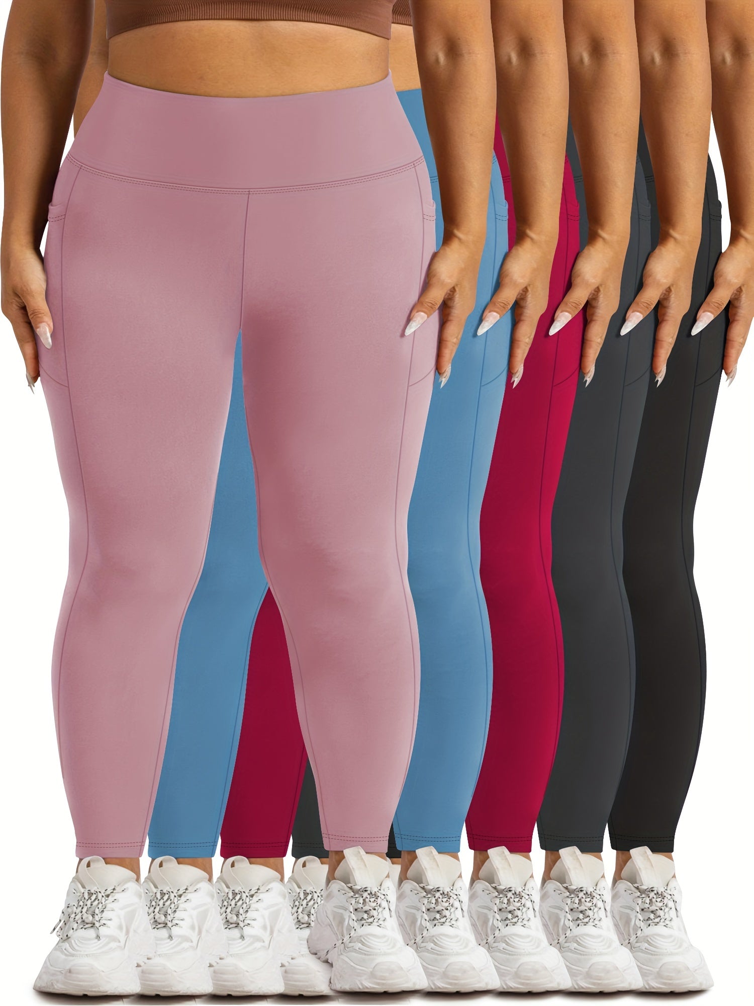 Plus Size Women's 5-Pack High Waist Leggings with Pockets Fitness Activewear