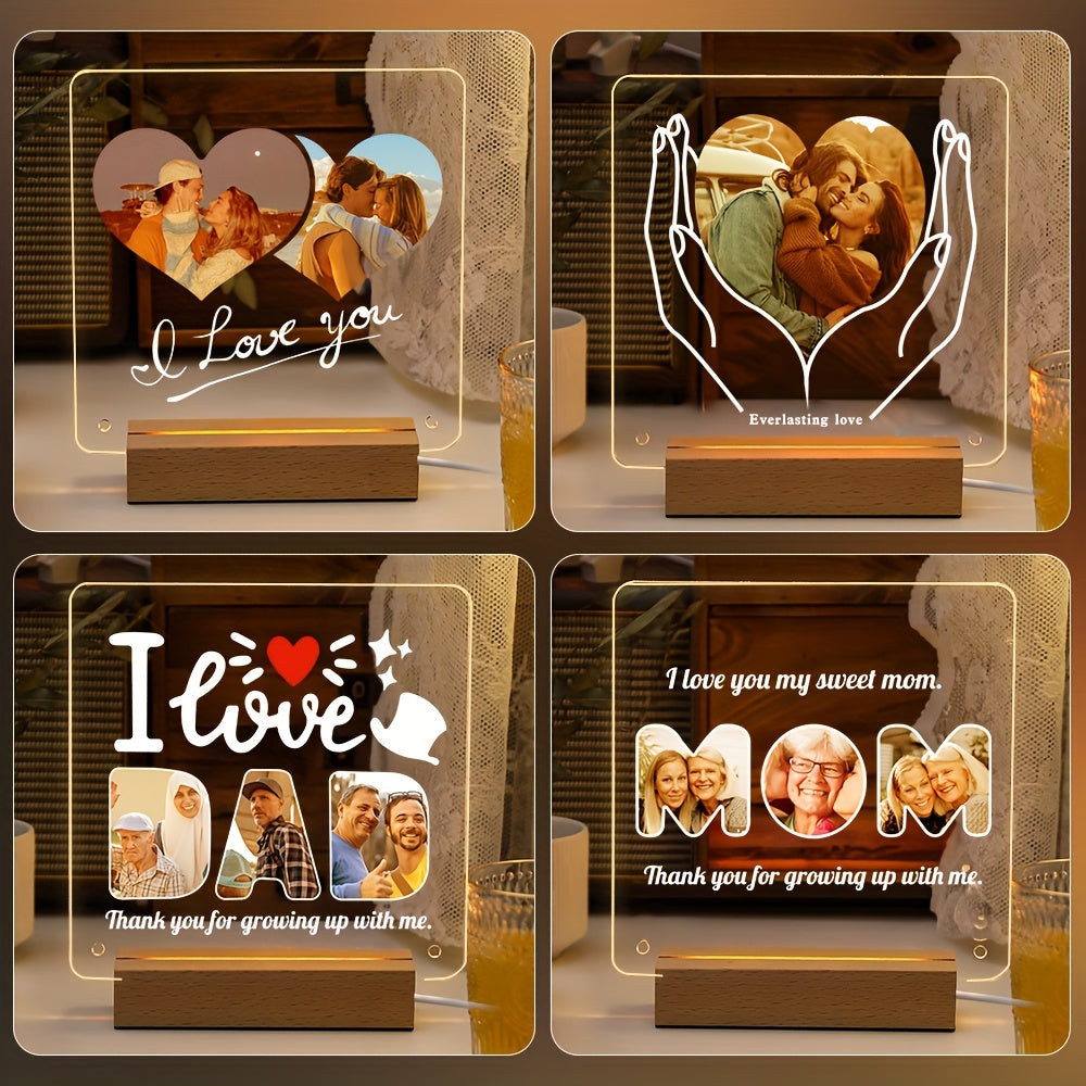 Customizable LED Light Acrylic Photo Frame with Transparent Love Heart Design for Gifts