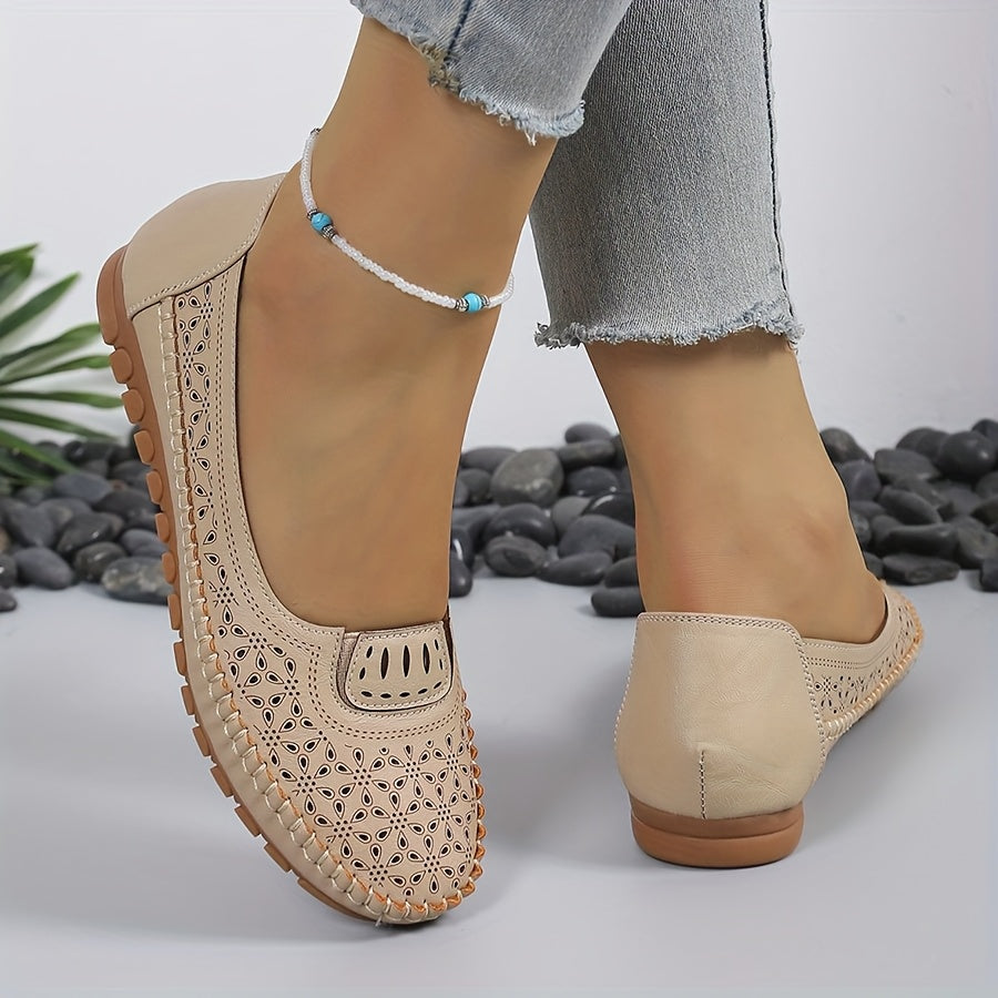 Women's Slip-On Loafers White Breathable Cut-Out Casual Shoes