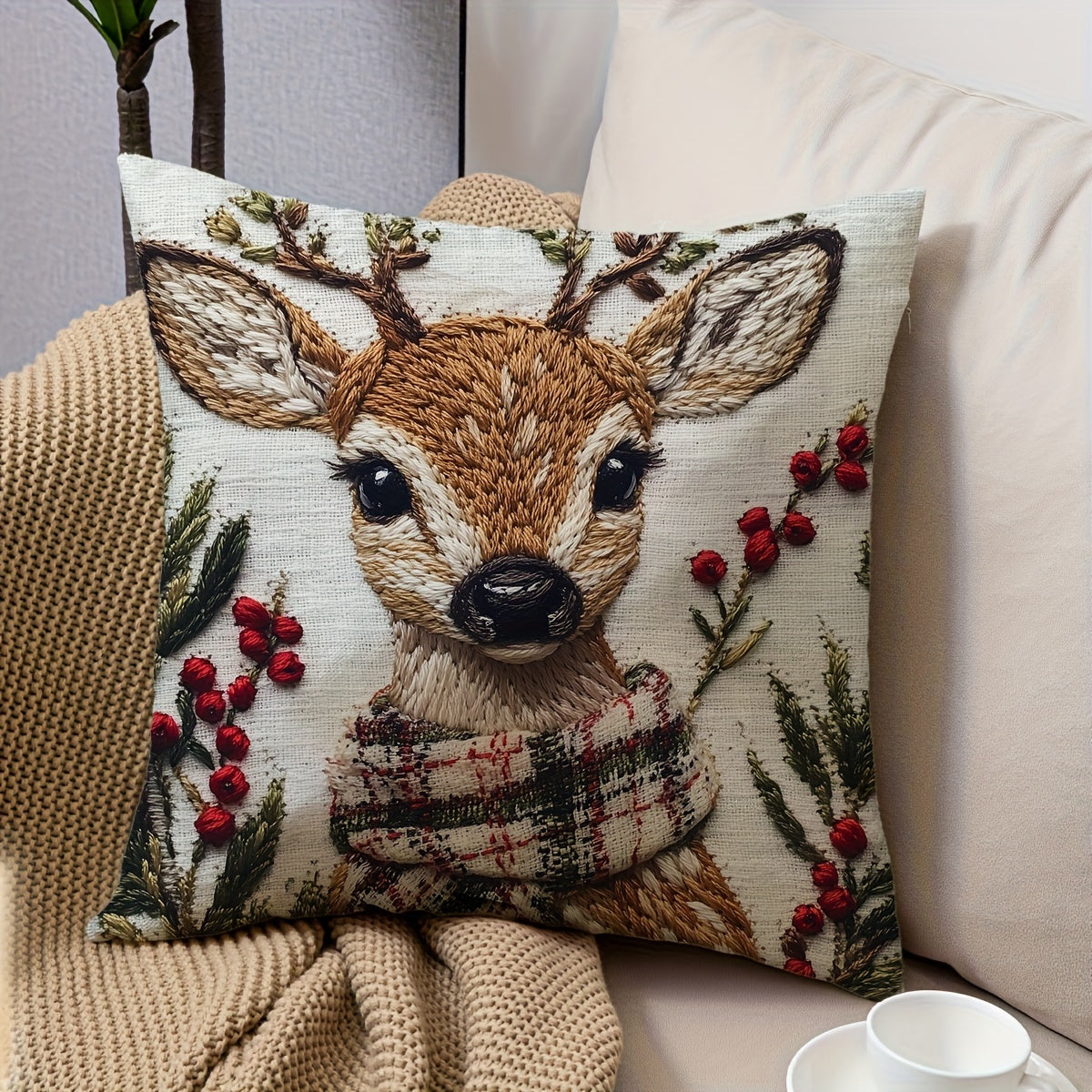 45.72x45.72 cm Christmas Reindeer Throw Pillow Cover Plush Washable Zippered Stain-Resistant