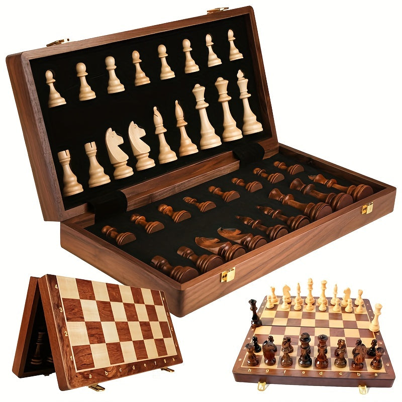 Solid Wood Chess Set with Folding Walnut Checkerboard and Internal Storage 15 Inch