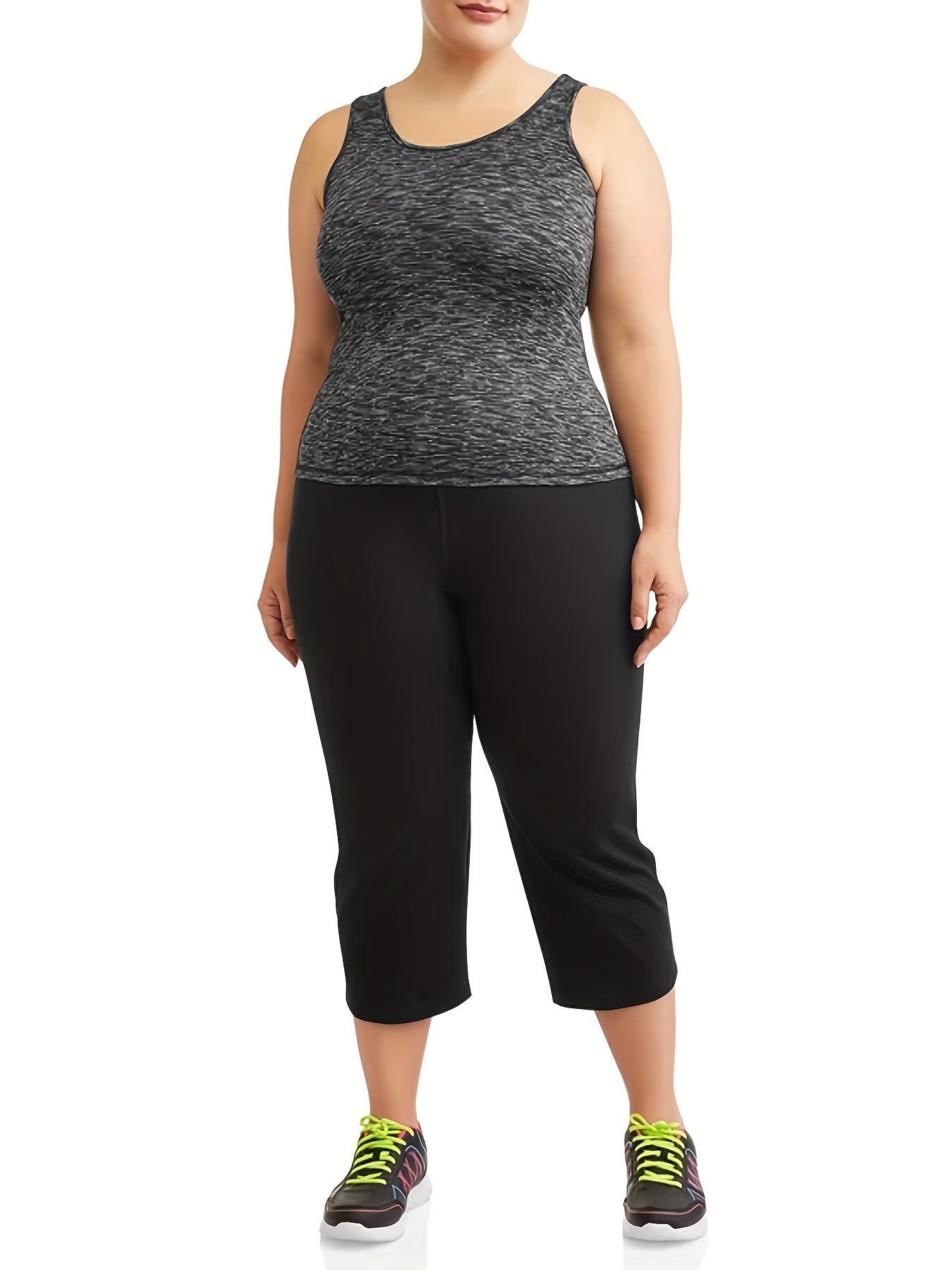 Plus Size High-Waist Stretch Capri Pants for Women Black Polyester