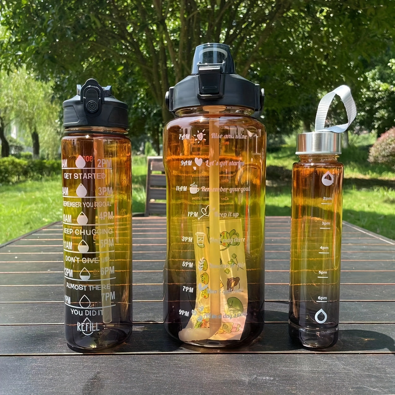 Set of 3 Gradient Color Motivational Water Bottles 64oz 32oz 15oz with Phone Holder
