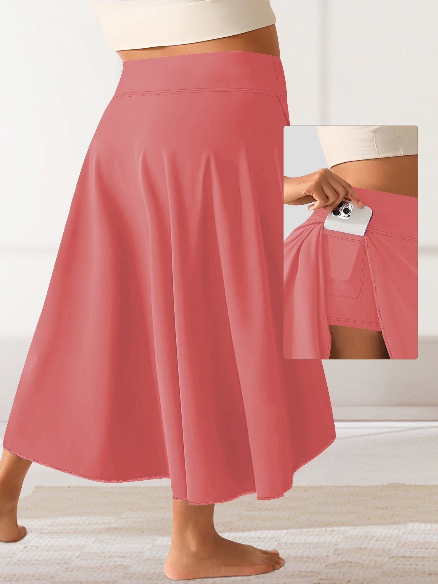 Women's Plus Size High-Stretch Ice Silk Skirt with Pockets and Side Slit