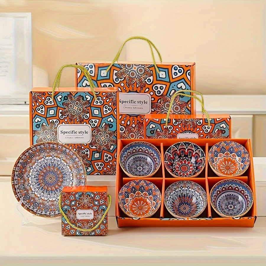Handmade Ceramic Bowls Set with Vibrant Orange and Blue Mandala Design for Serving Cereal Ice Cream Pasta