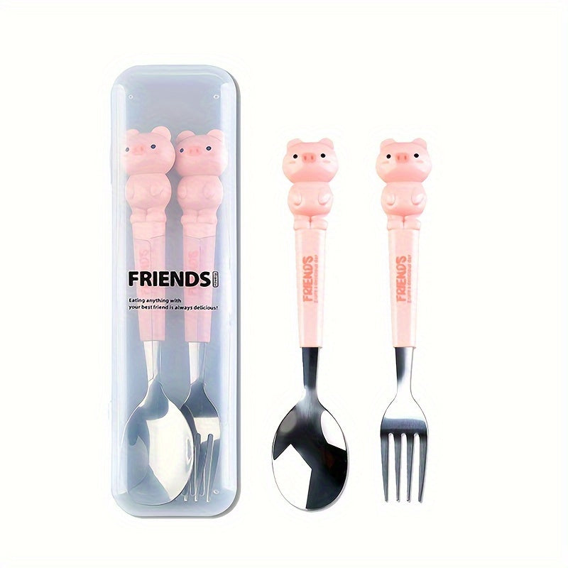 Set of 2 Stainless Steel Kitchen Utensils with Cartoon Design in Reusable Case