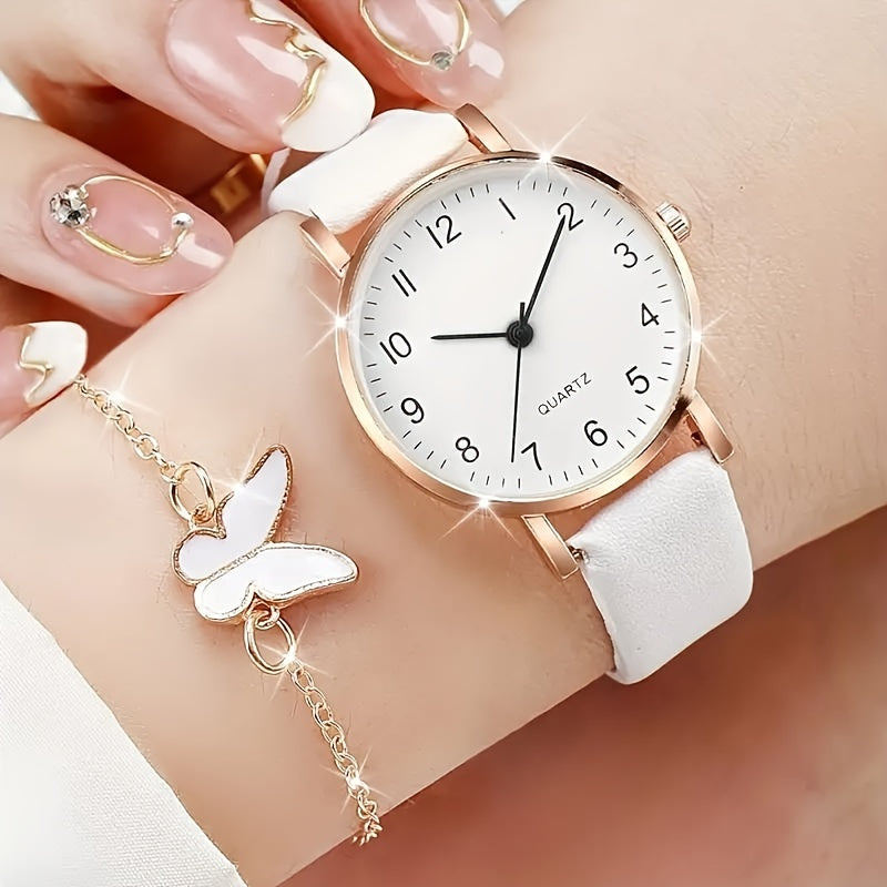Women's Quartz Watch with PU Leather Band and Butterfly Jewelry Set, Stylish Round Alloy Case