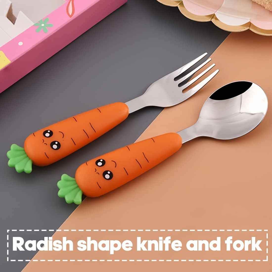 Set of 3 Travel Cutlery Pieces with Carrot Design Case Stainless Steel Spoon Fork BPA-Free Orange