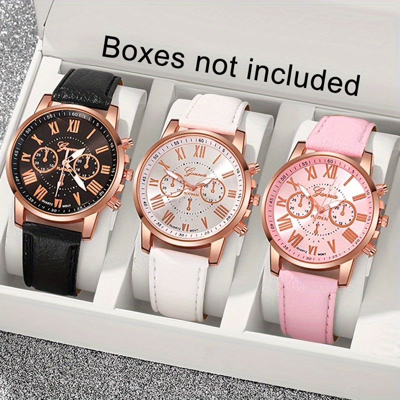 Set of 3 Women's Fashion Elegant Roman Numeral Quartz Watches Faux Leather Casual