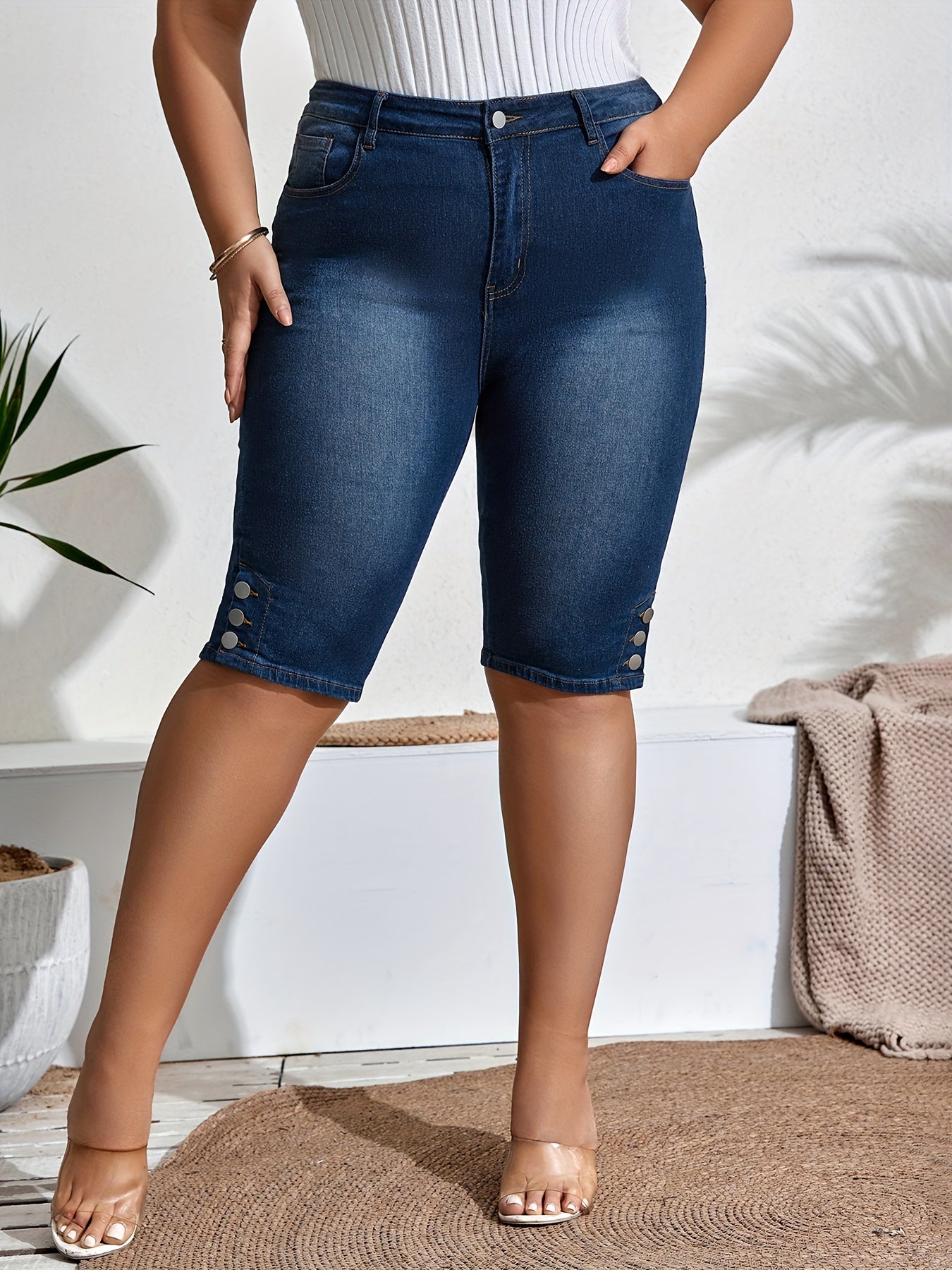 Women's Plus Size High Rise Stretch Blue Denim Capri Jeans