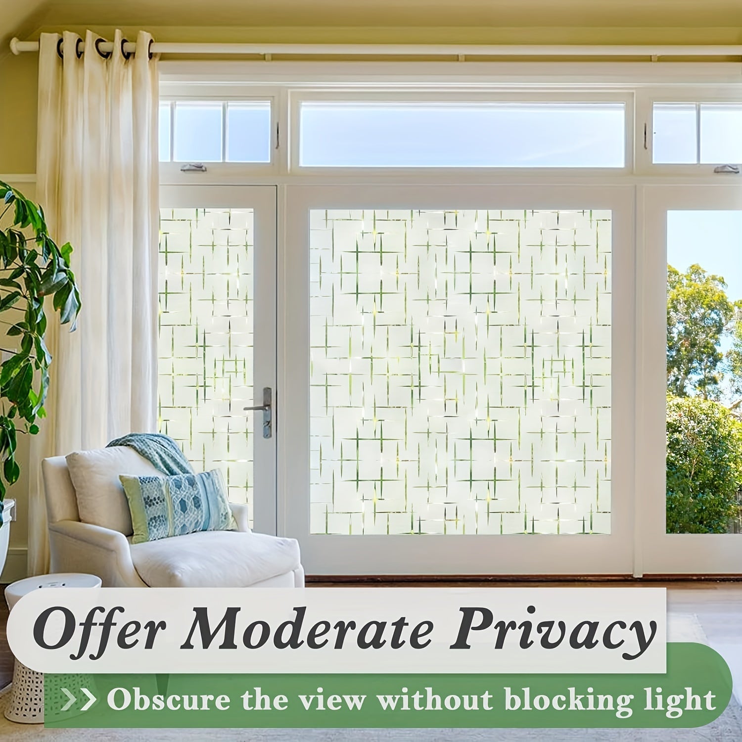 Frosted Glass Window Film with Star Cross Pattern, Non-Adhesive Static Cling, Privacy UV Protection