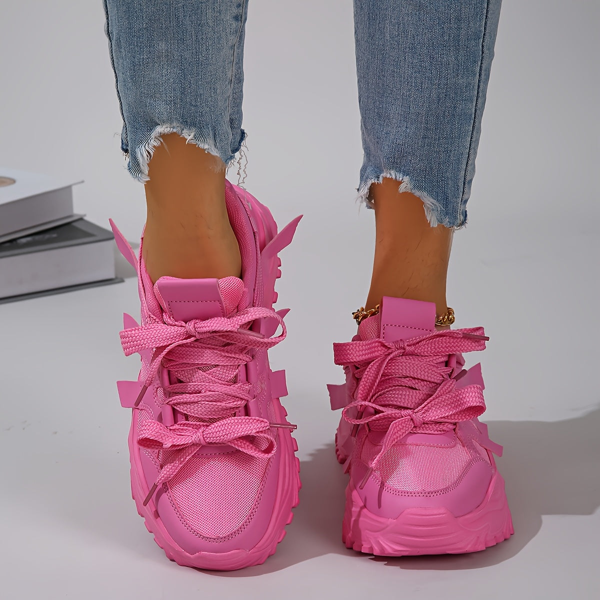 Women's Pink High-Top Sneakers with Lace-Up Design and Lightweight EVA Sole