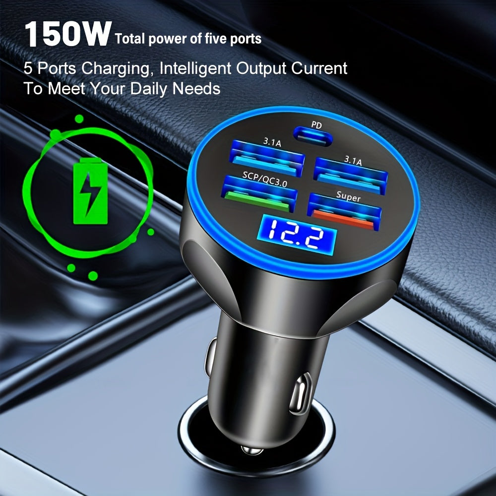 Car Charger 150W Fast Charge 5-in-1 USB Adapter for Phones and Tablets