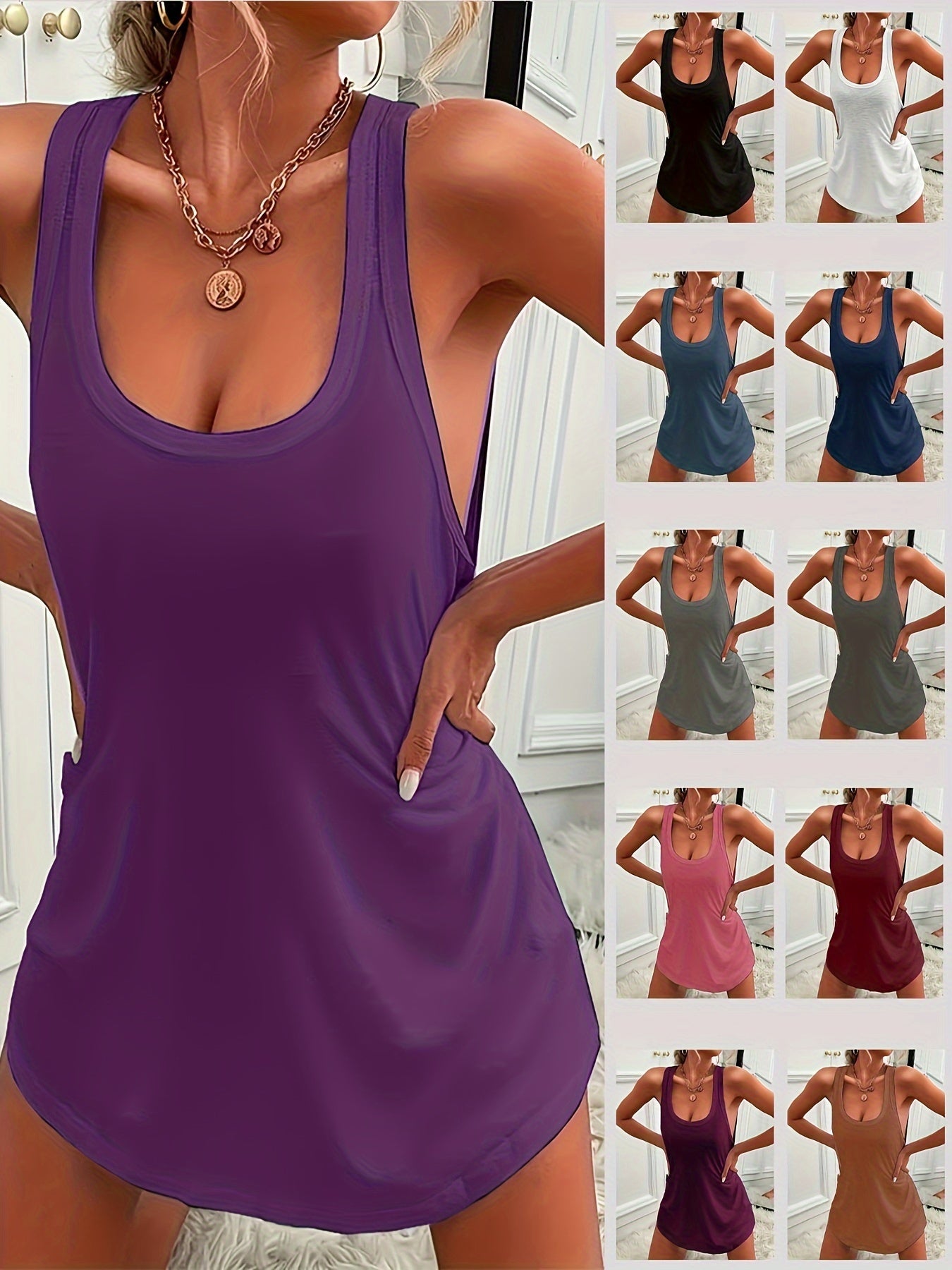 Vestido de descanso sin mangas para mujer con cuello redondo, poliéster sólido, ropa de descanso elegante para todas las estaciones