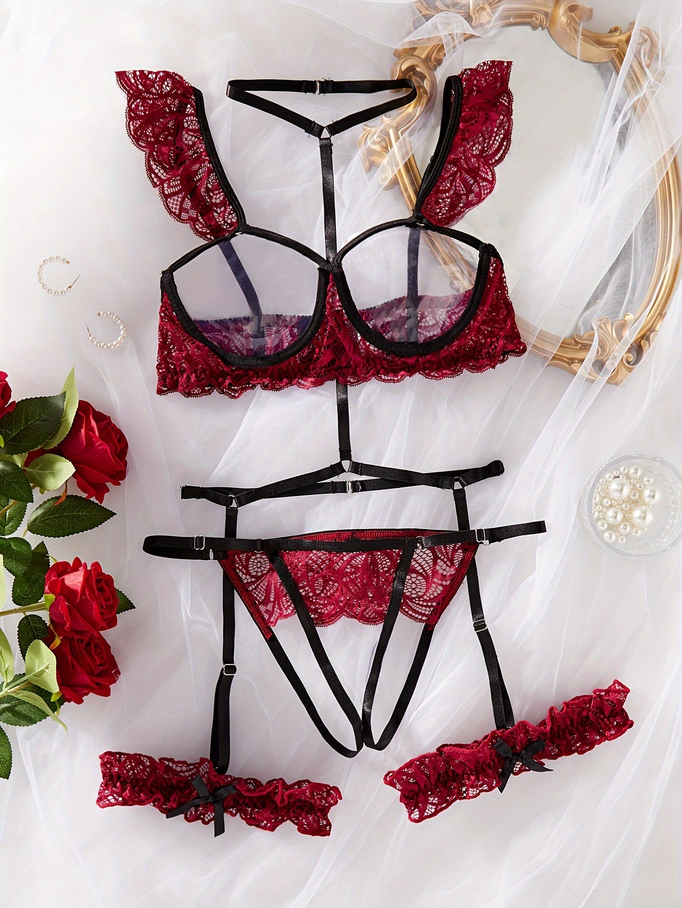 Conjunto de lencería de encaje y satén para mujer con aros y correas ajustables