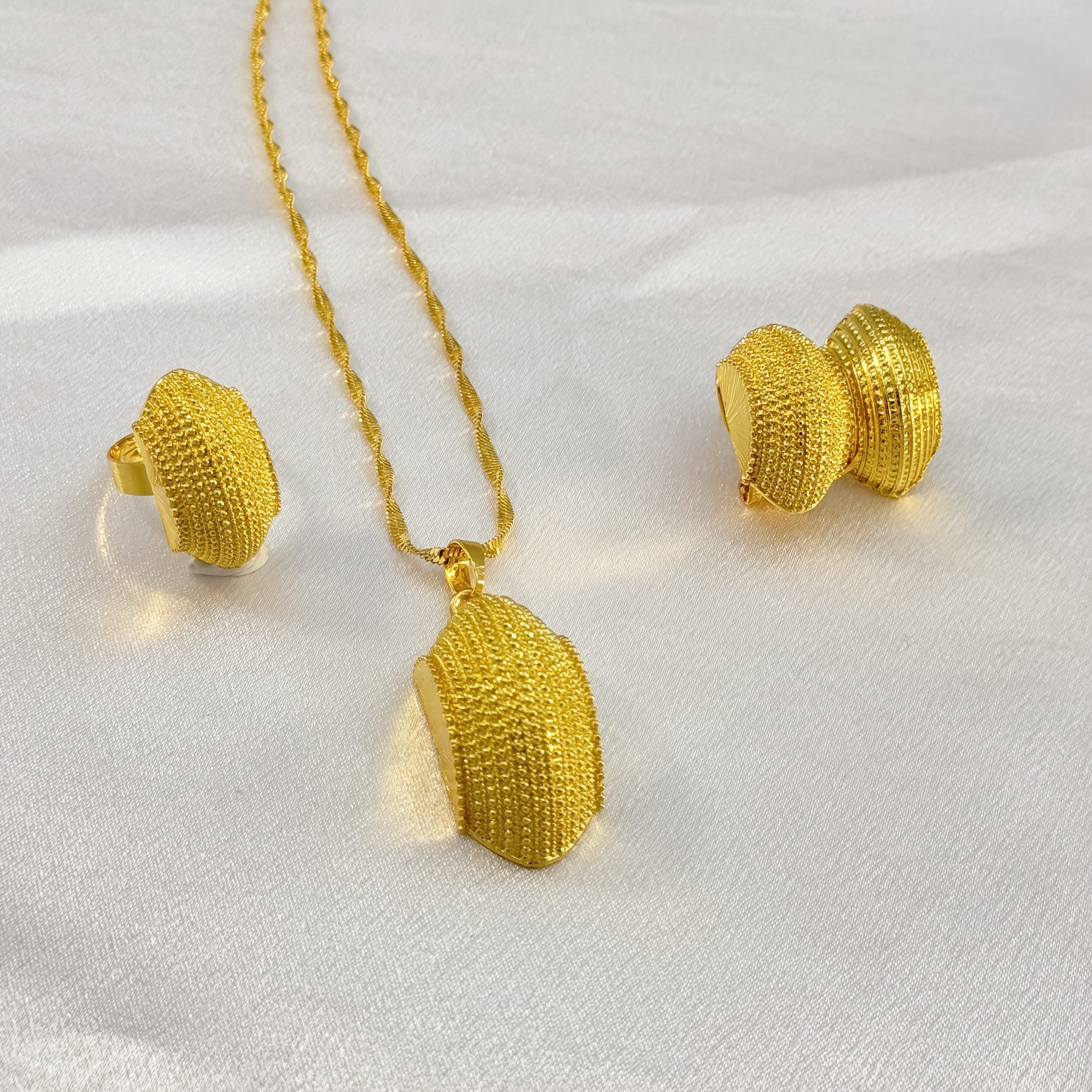 Ethiopian-Inspired Jewelry Set for Women Copper Pendant Earrings Necklace Ring Wedding Gift