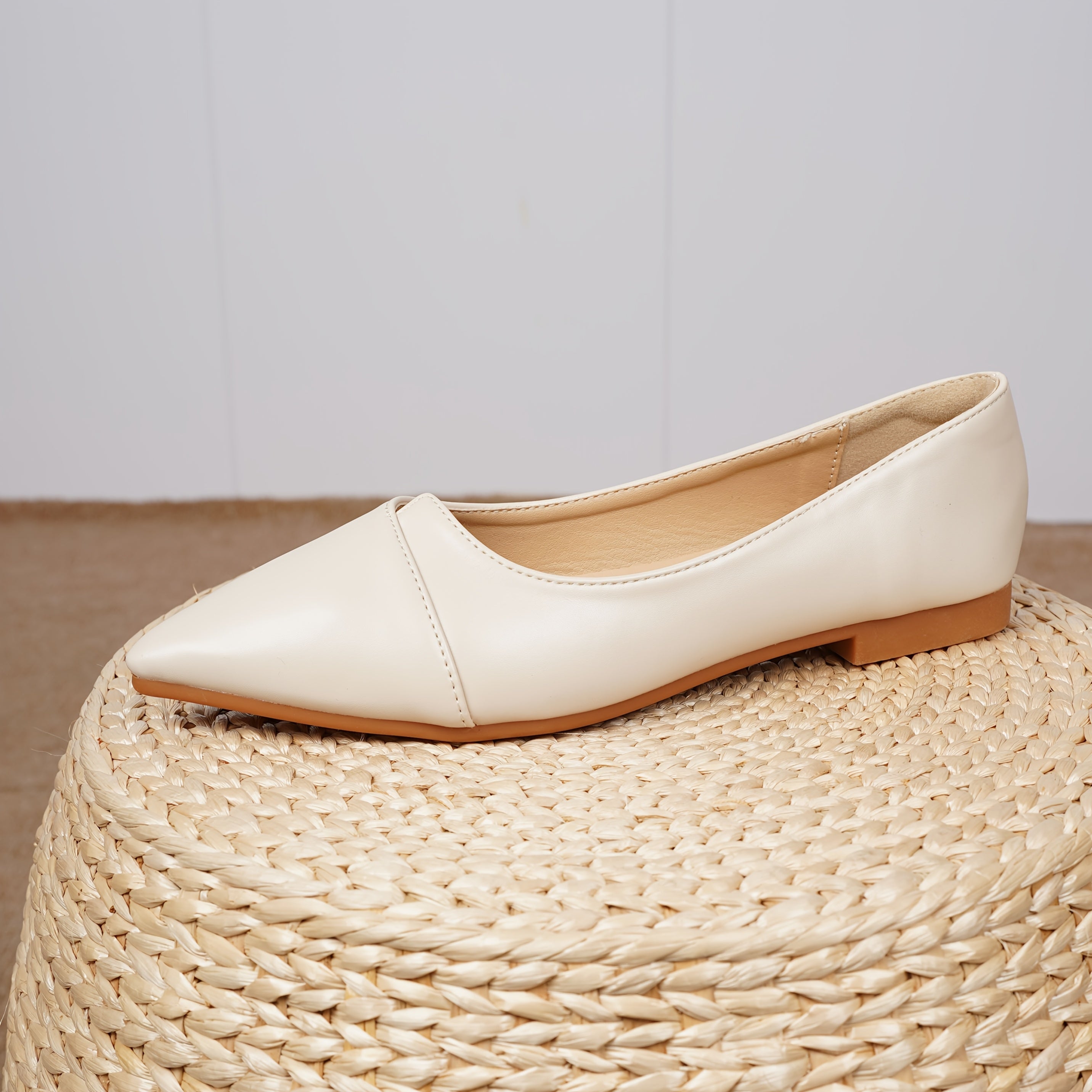 Women's Pointed Toe Flats Beige PU Slip-On Shoe All-Season Comfort