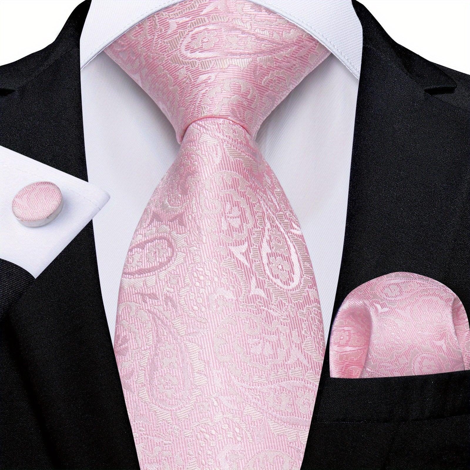 Stylish Men's Pink Patterned Tie Set with Pocket Square, Hanky, and Cufflinks - Perfect for Weddings or as a Gift