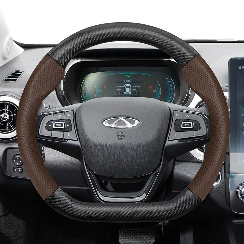 Leather Steering Wheel Cover Carbon Fiber Textured Breathable Black Burgundy Mocha Orange