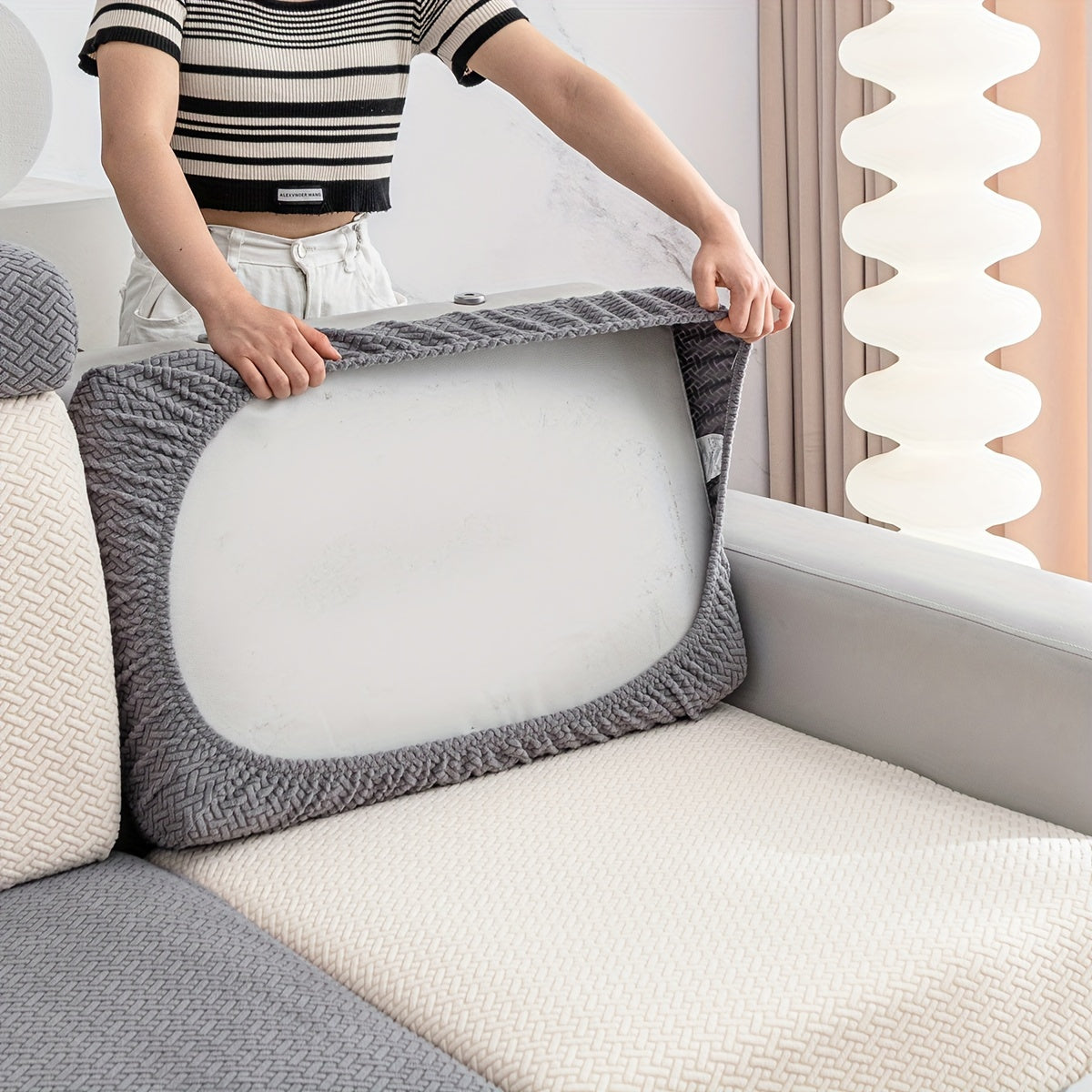 Checkered Pattern Polar Fleece Sofa Cover Boho Style Stretch Fabric Stain and Pet Scratch Protection