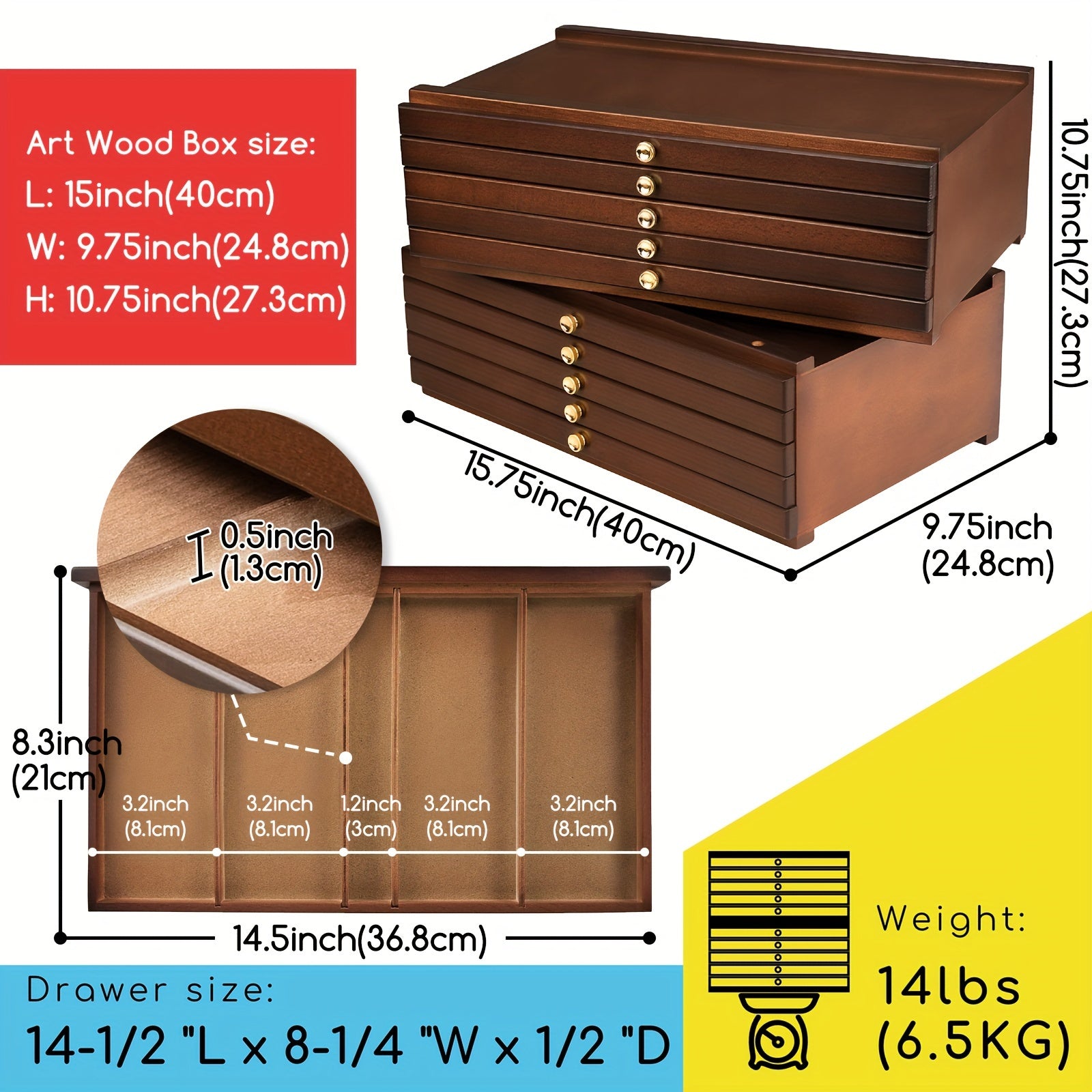 Wooden Art Supply Organizer with Removable Drawers - 4/6/10 Compartments for Pastels Pencils and More