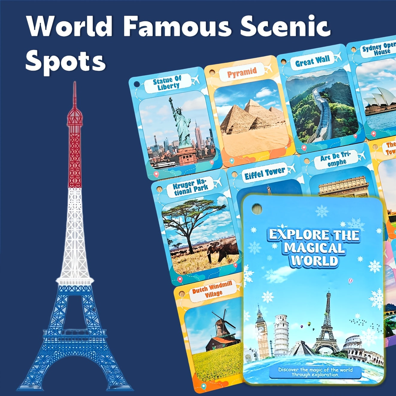Educational Flash Cards for Kids 50 World Landmarks Puzzle Game in Mixed Colors