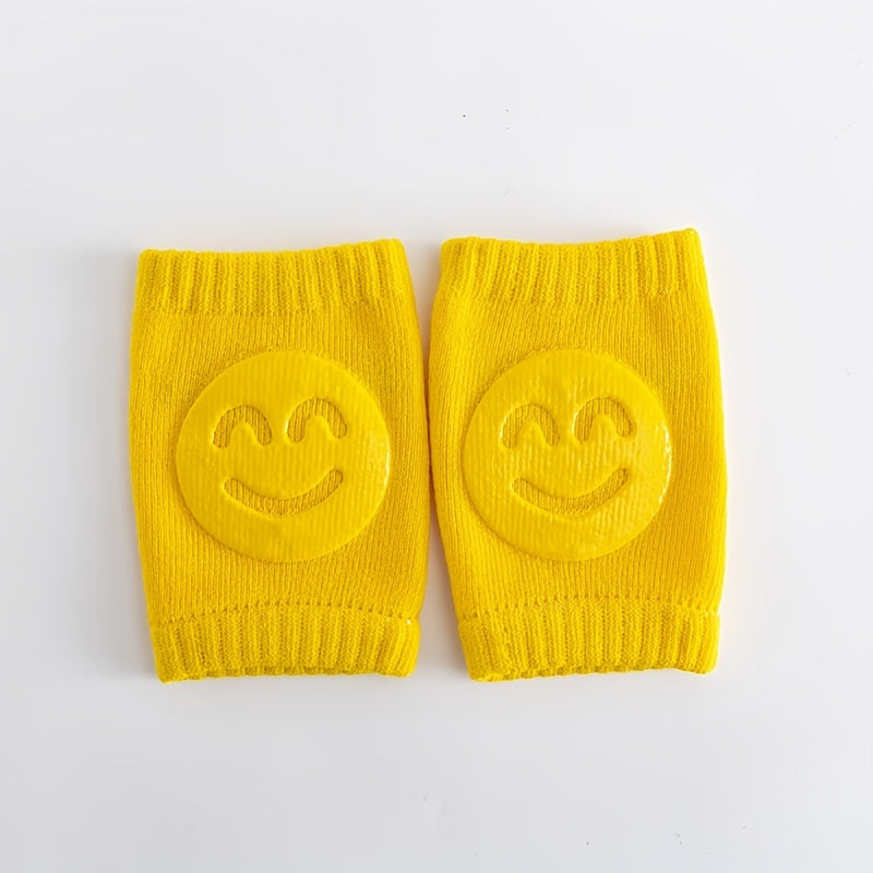 Kids Boys Knitted Knee Pads with Smiley Face for Autumn Winter Blue 100% Cotton