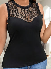 Women’s Plus Size Black Lace Trim Tank Top with Floral Pattern and Stretchy Fabric