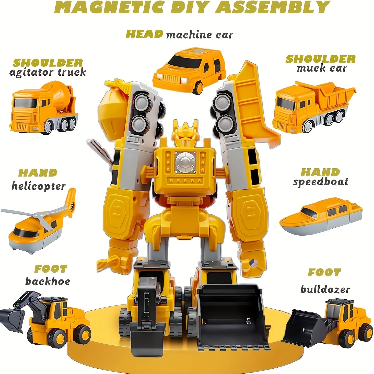 Magnetic Engineering Cars Building Blocks Set for Kids 3-8 Yellow Durable Plastic