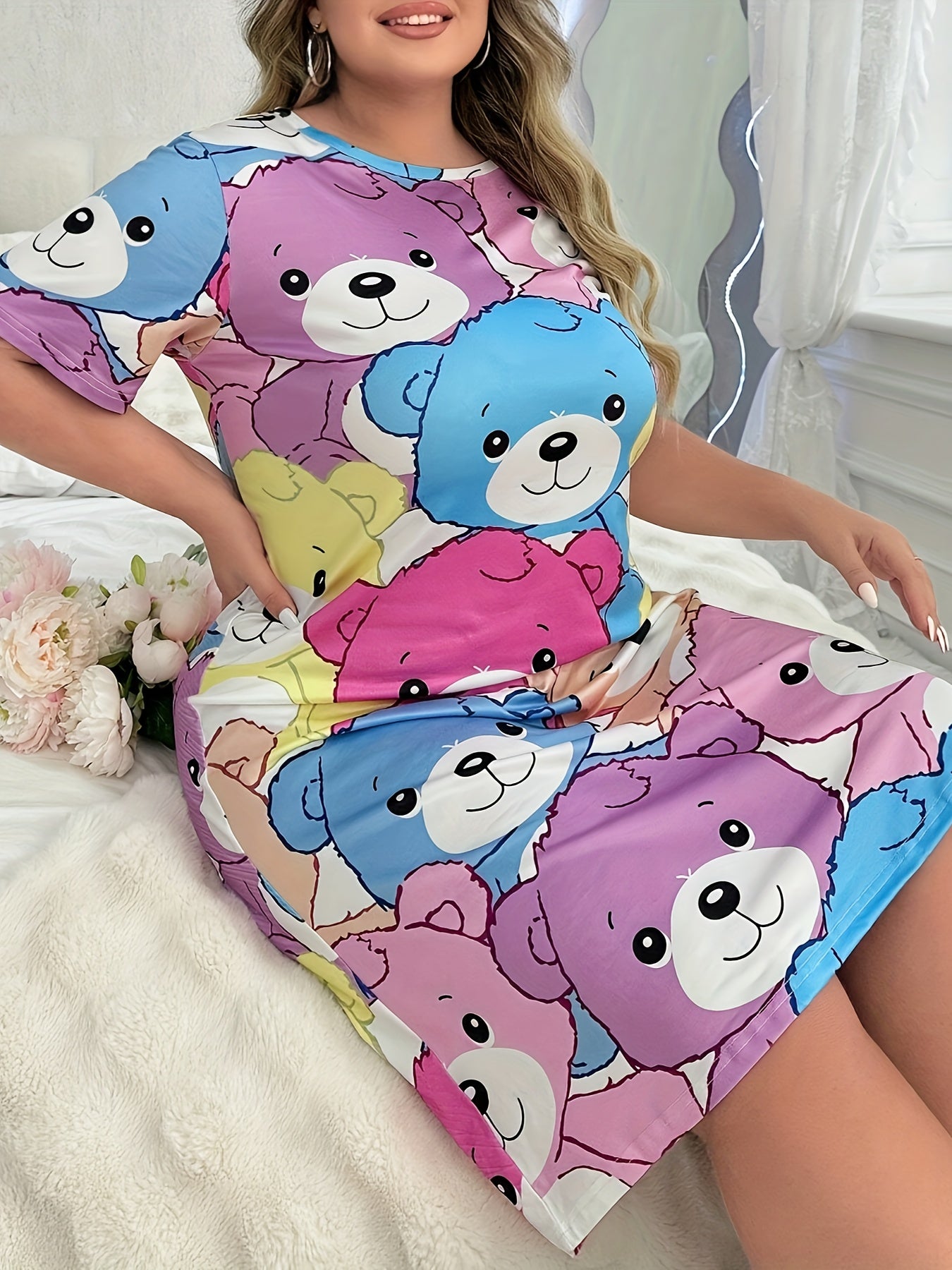 Women's Cartoon Bear Print Sleep Dress Soft Short Sleeve Nightgown All-Season Lounge