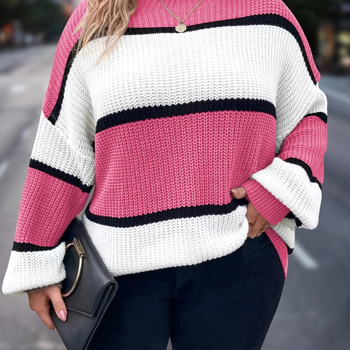 Plus Size Women's Striped Knit Sweater Long Sleeve Mock Neck Fall Winter