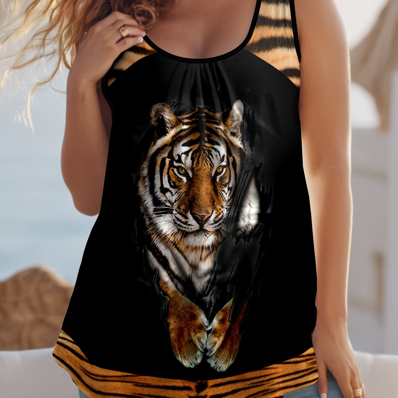 Women's Plus Size 3D Tiger Print Tank Top Loose Off-Shoulder Summer Sleeveless Vest