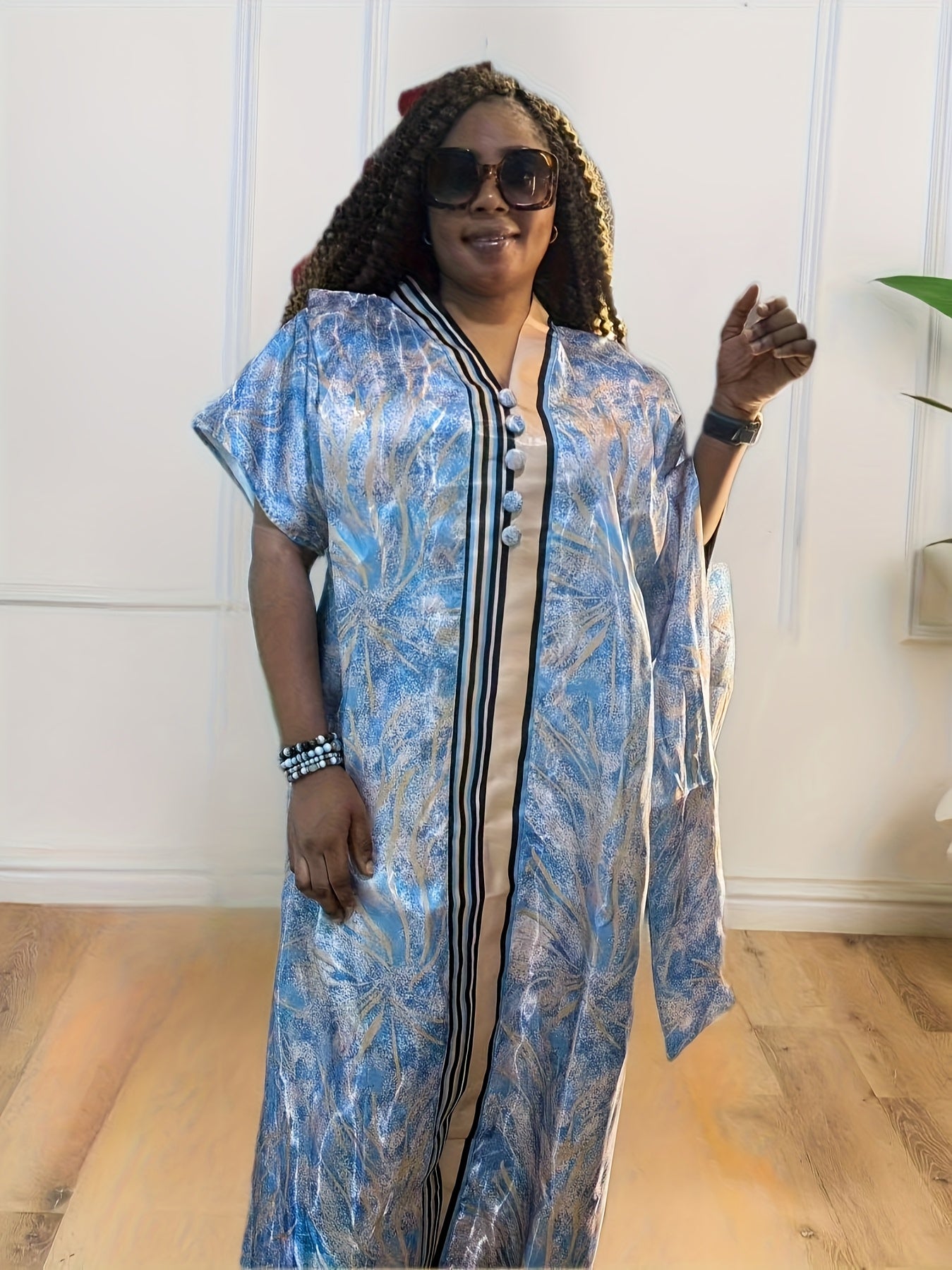 Plus Size Women's V-Neck Kaftan Dress with Batwing Sleeves and Floral Print