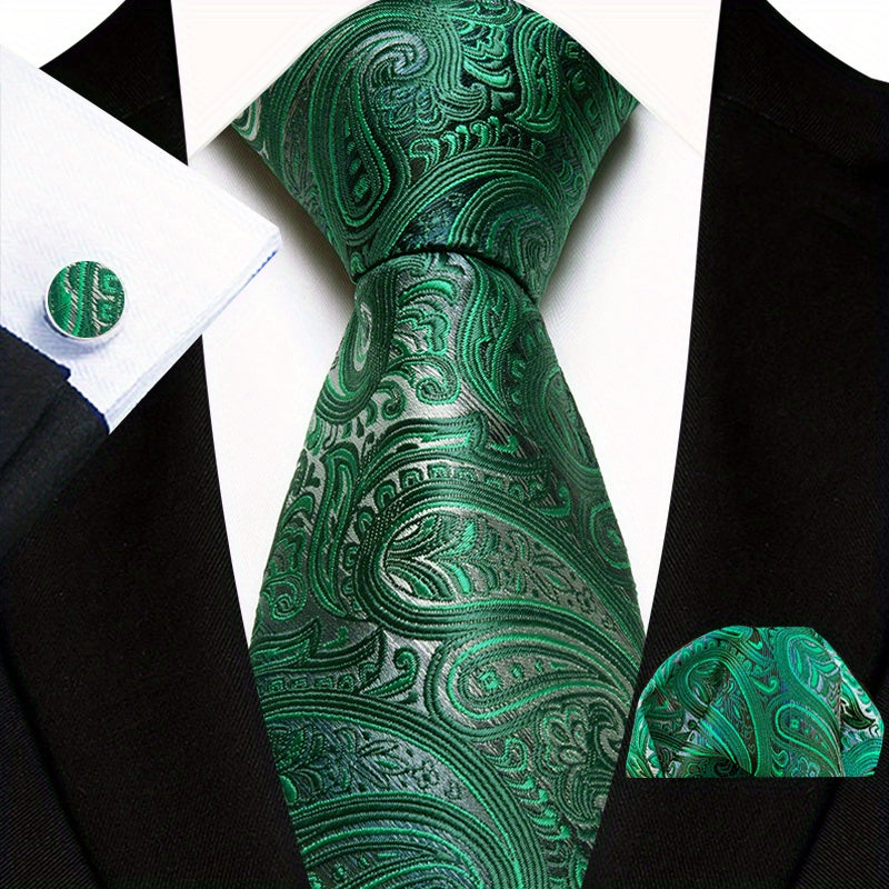 Men's Floral Plaid Necktie and Handkerchief Clip Set for Business and Weddings