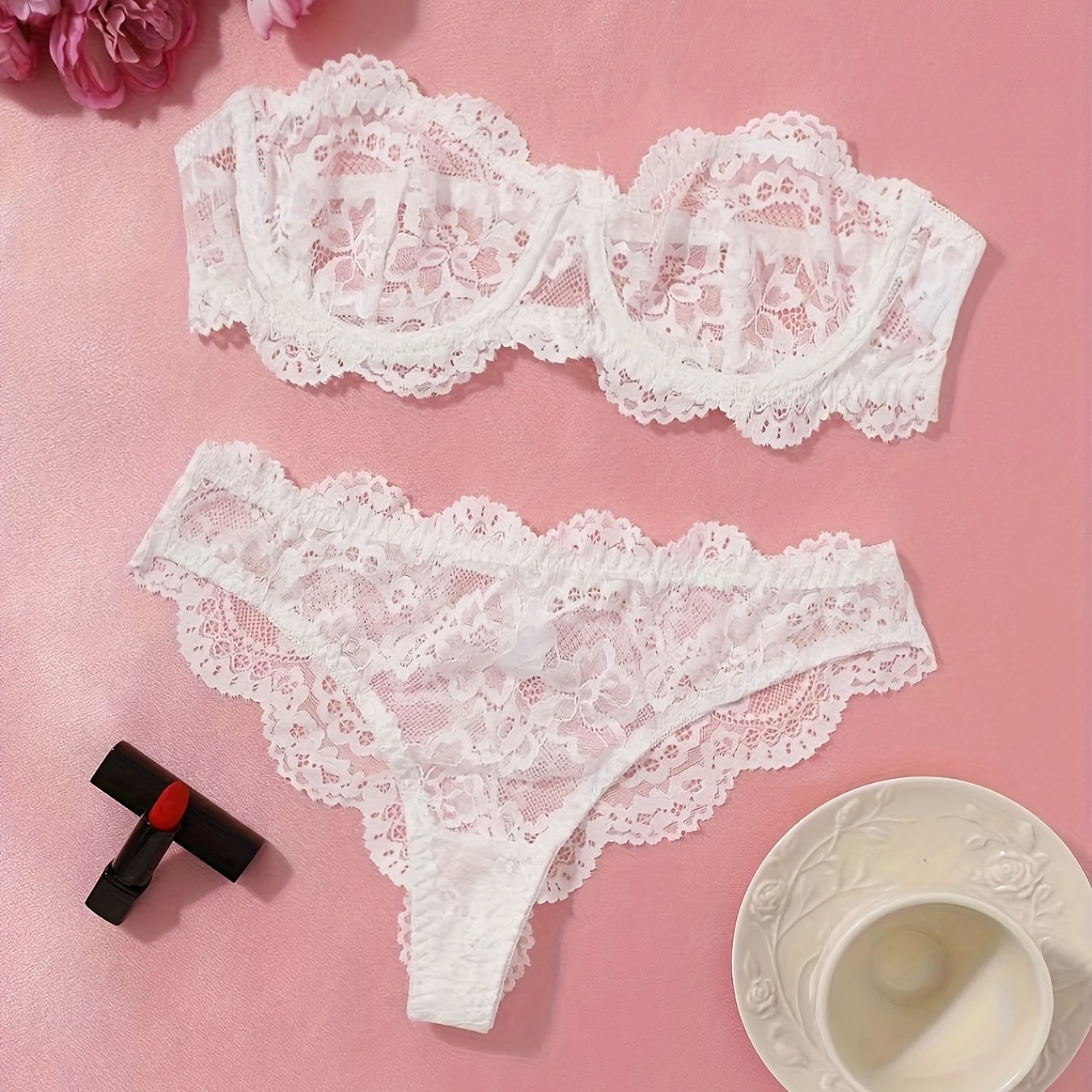 Women’s French Style Lace Lingerie Set Floral Pattern No Chest Pad Drop Waist Briefs