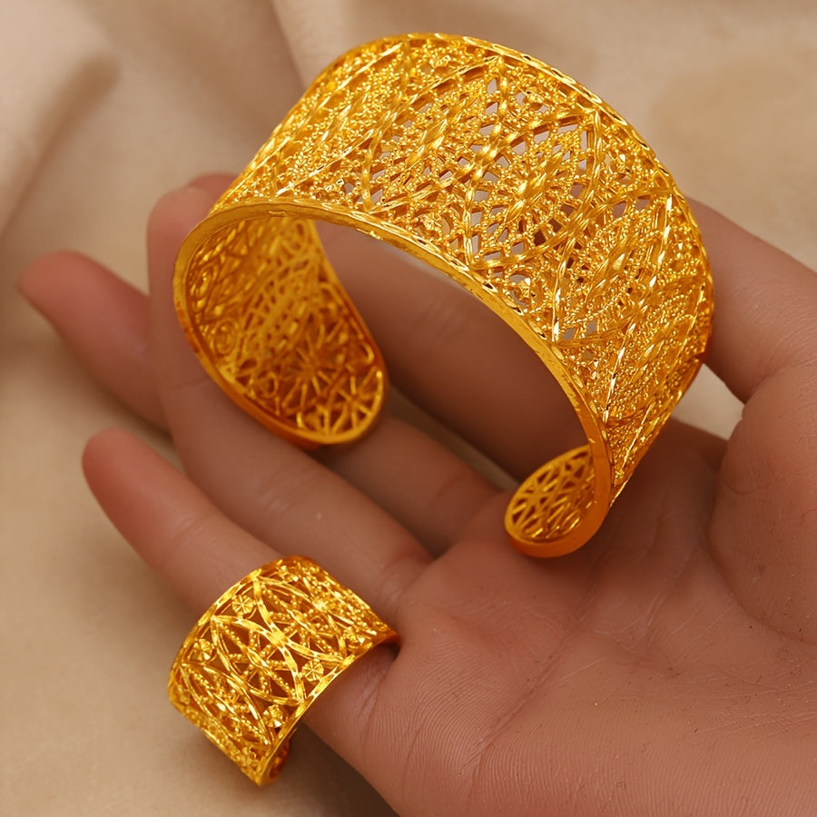 Gold-Plated Jewelry Set for Women Hollow Bangle and Ring Party Banquet Elegant