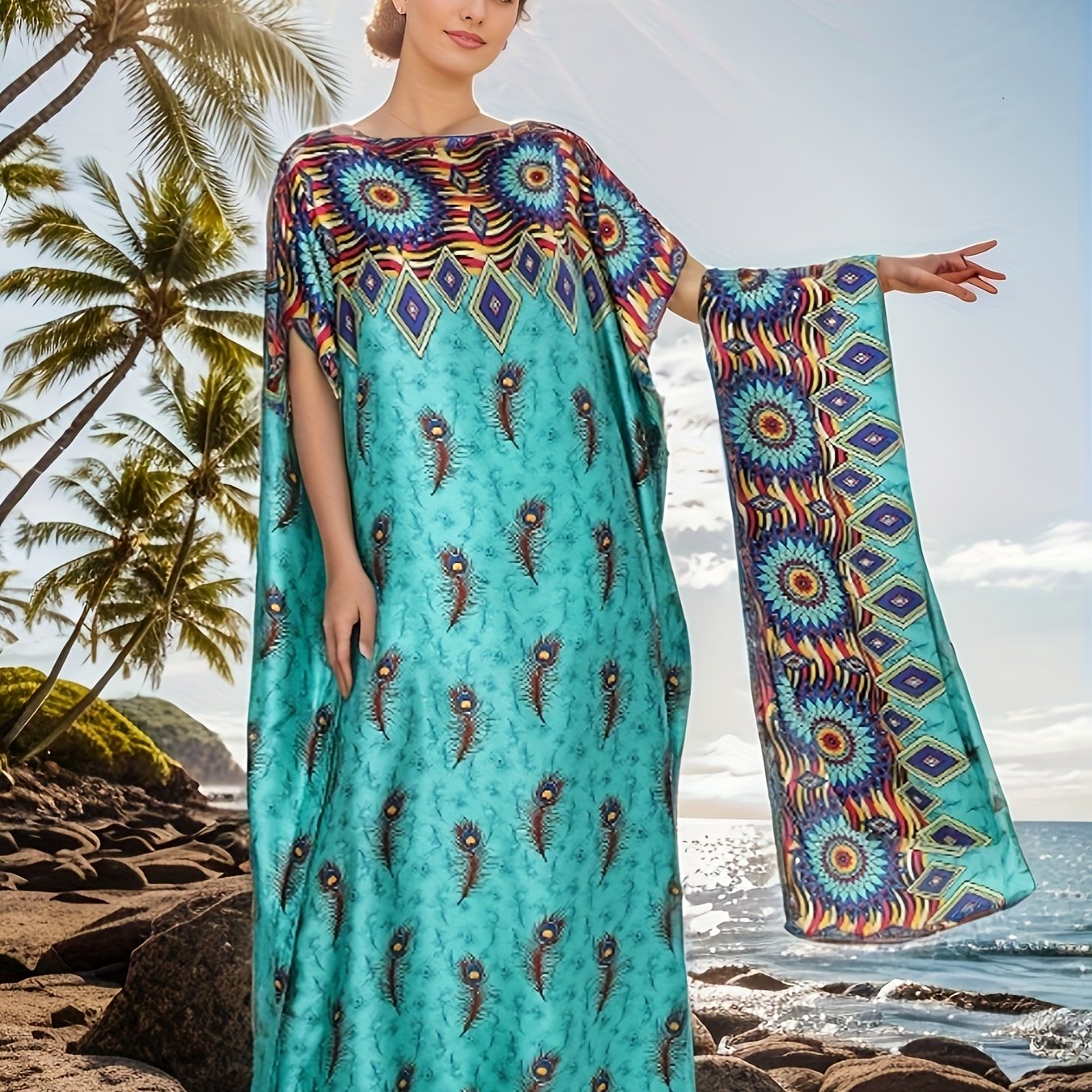 Women's Plus Size Bohemian Long Shirt Dress with Batwing Sleeves and Geometric Print