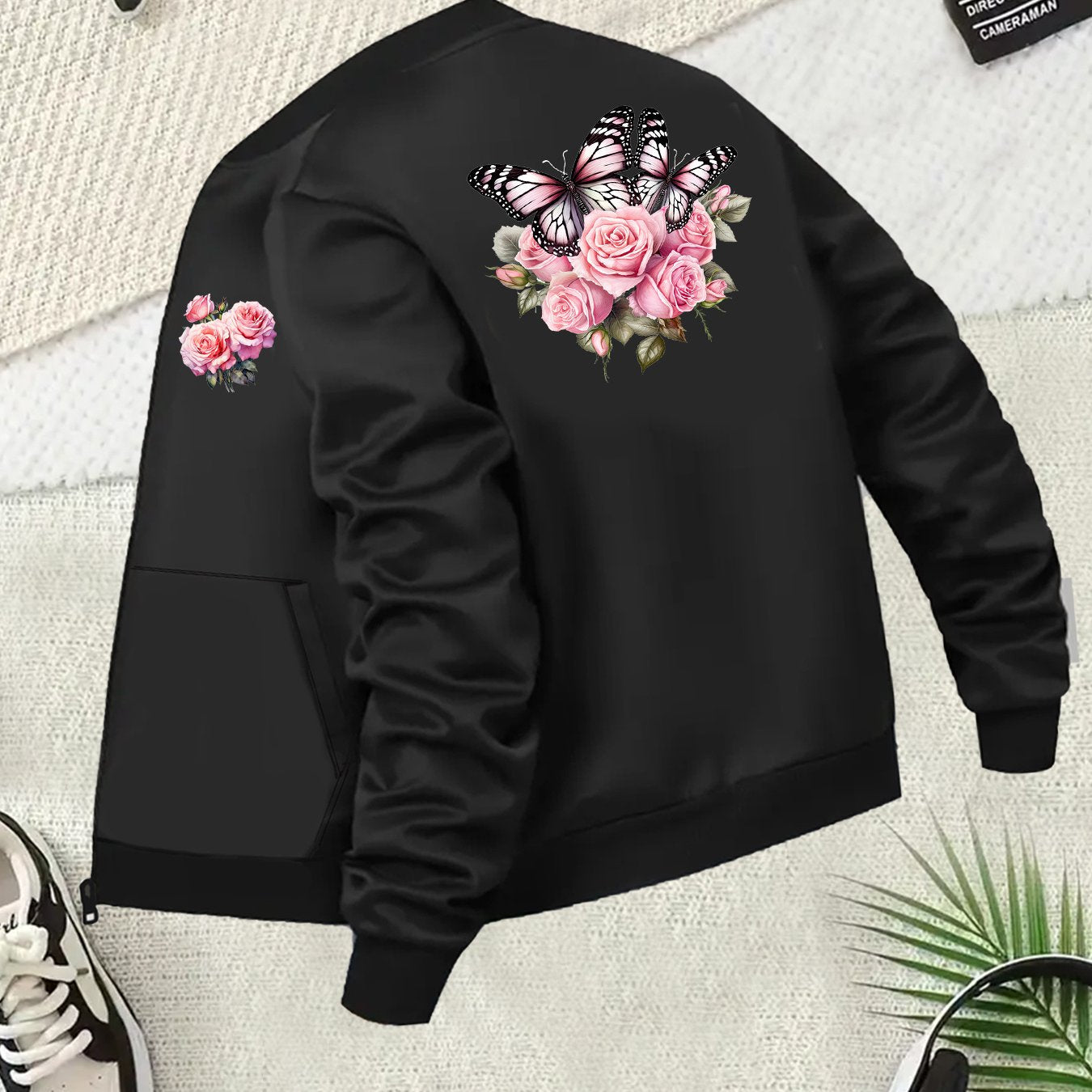 Plus Size Women's Floral Print Zip-Up Jacket Casual Long Sleeve Baseball Collar