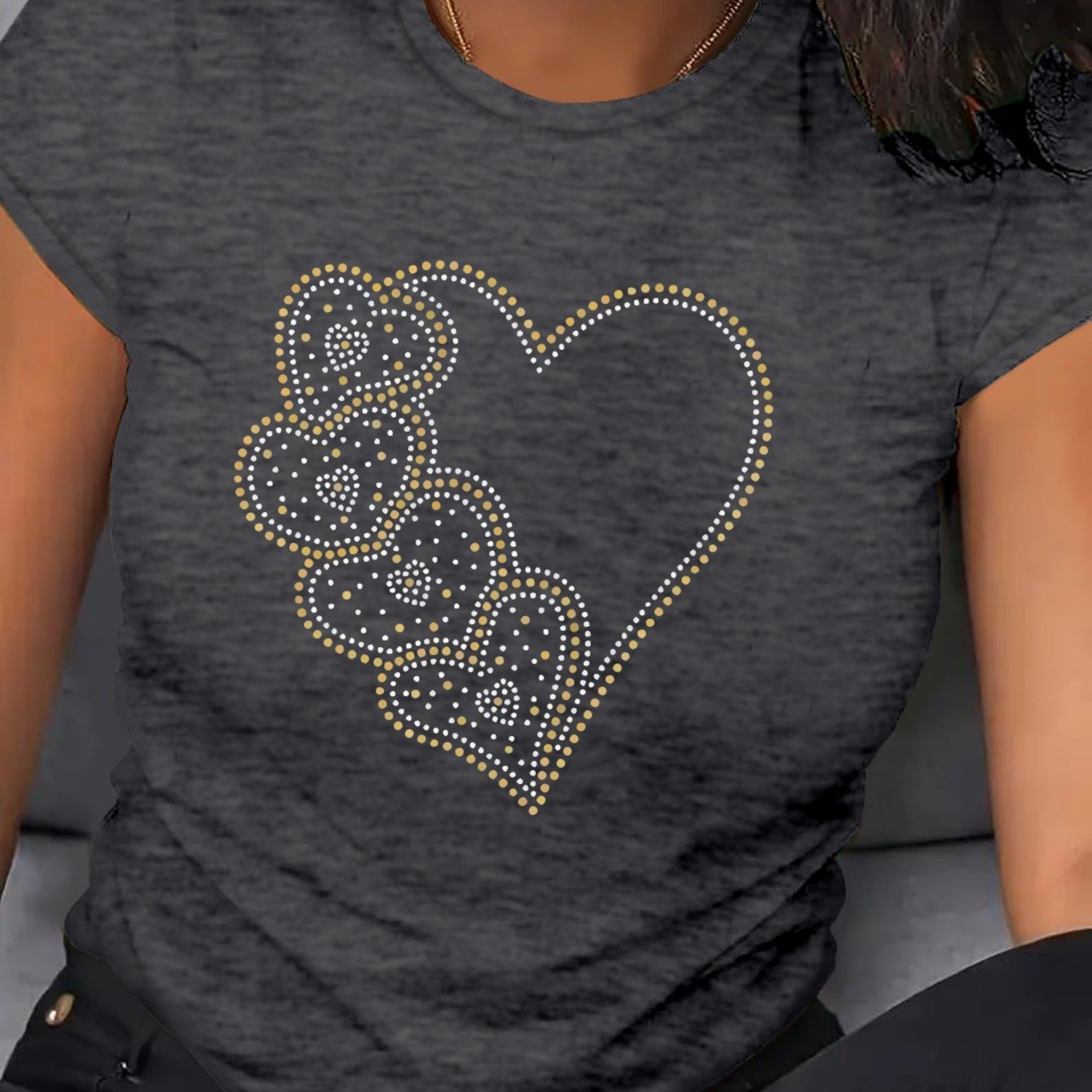 Plus Size Women's Casual T-Shirt with Rhinestone Heart Short Sleeve Beige
