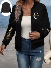 Plus Size Women's Casual Baseball Collar Zip-Up Jacket with Pockets Black Yellow