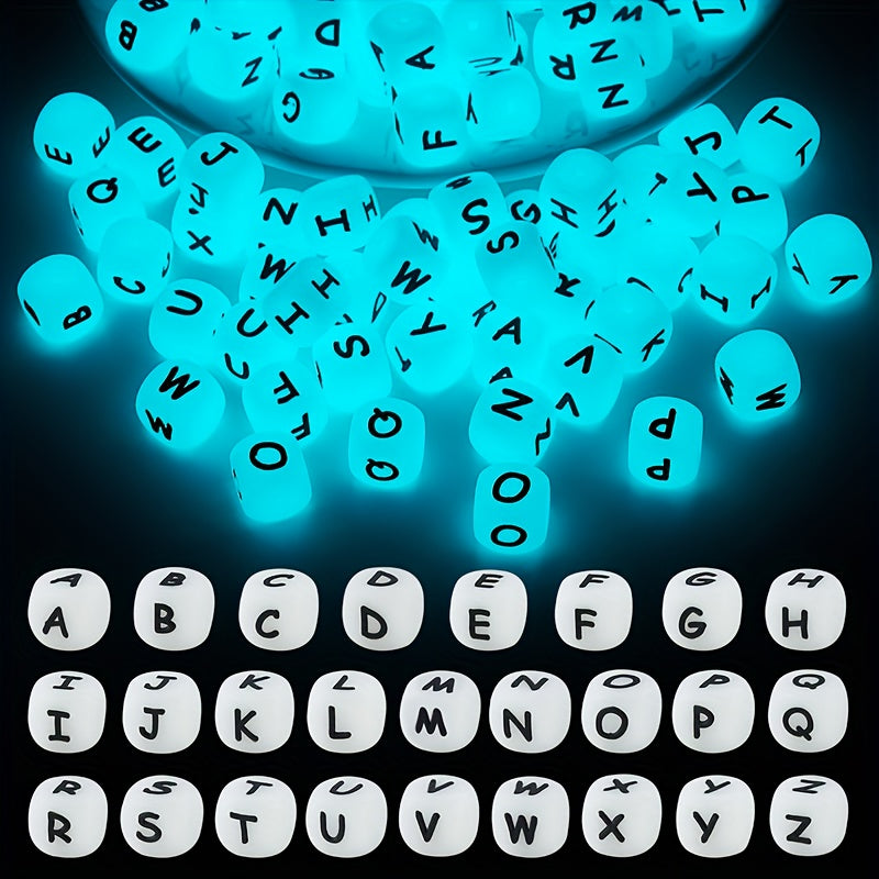 Set of 26 Glow-in-the-Dark Silicone Cube Beads for Jewelry and Crafts Includes Alphabet and Number Dice