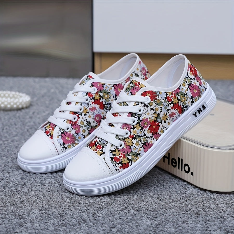 Women’s Floral Sneakers Low-Top Casual Shoes Breathable Fabric White Cherry Blossom