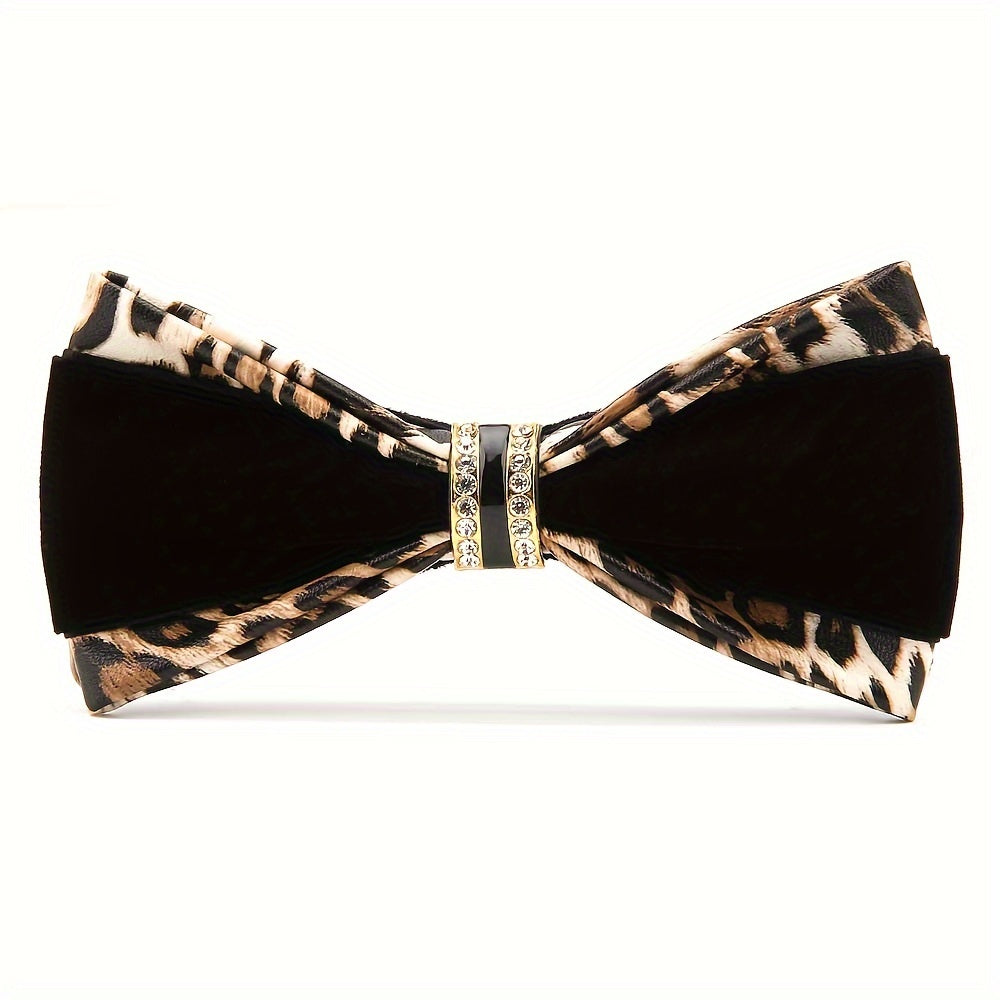 Leather Bow Tie with Rhinestones for Weddings and Formal Events in Black Velvet or Gold
