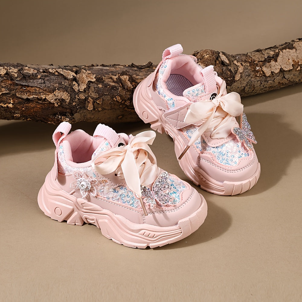 Girls' Casual Sneakers with Rhinestones and Butterfly Bow Lightweight Soft for Spring and Fall