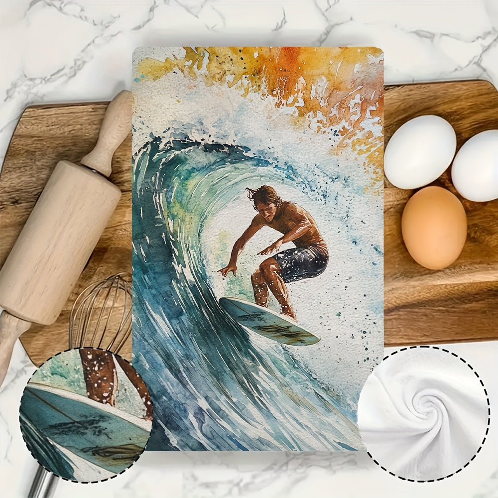 Set of 2 Ultra Soft Surfing Dish Towels, Vibrant Design, Absorbent, Quick-Dry