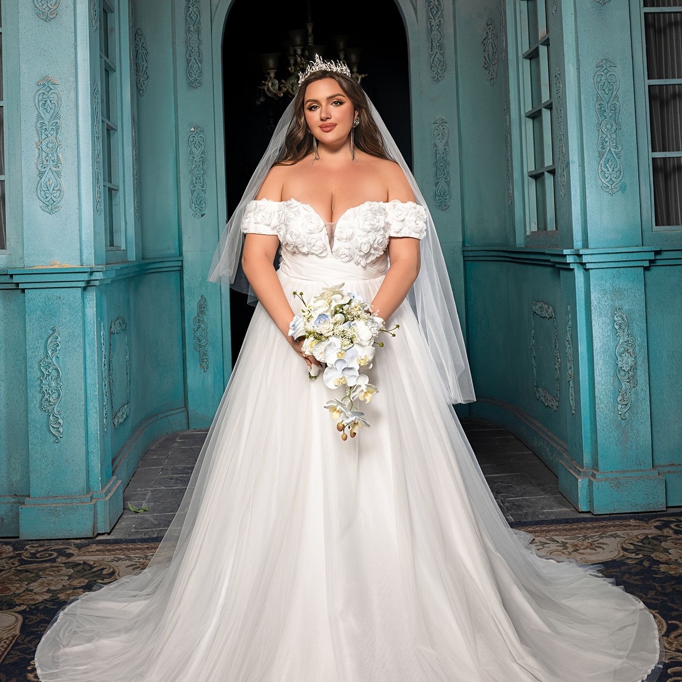 Plus Size Off Shoulder Wedding Dress A-Line Bridal Gown Ruffled Sleeves