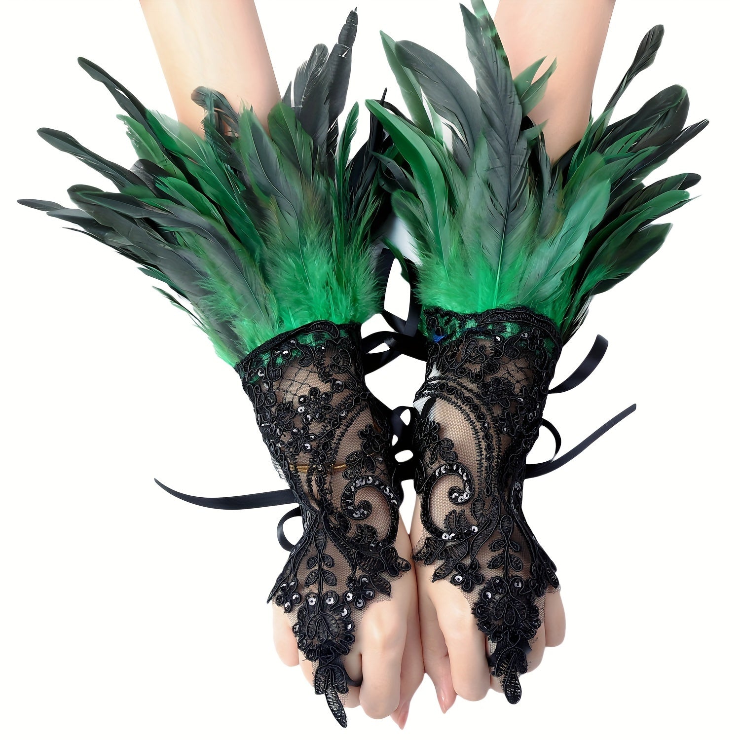 Gothic Lace Gloves with Faux Feathers Sequins and Lace-Up Hooks for Halloween