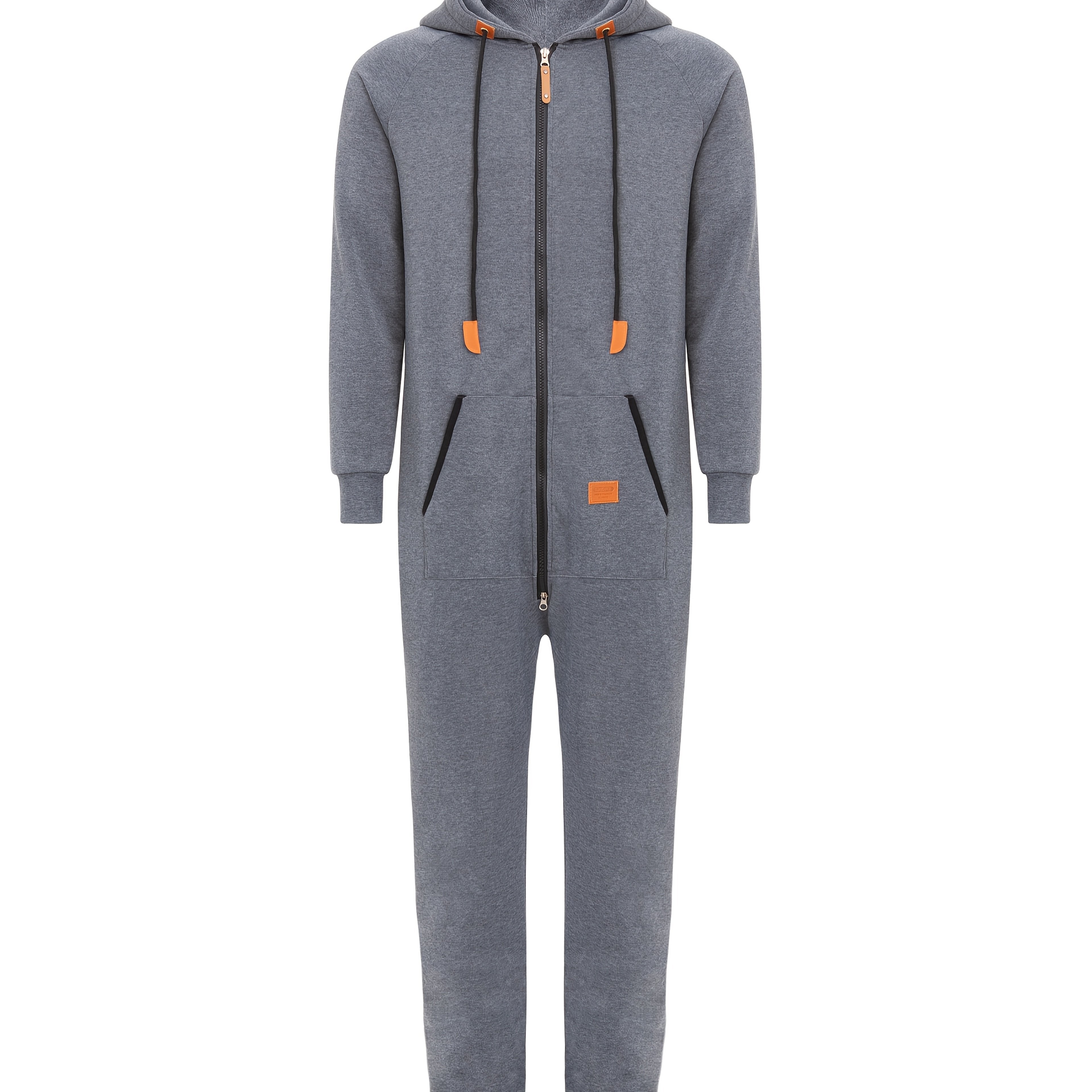 Erkaklar uchun bej rangli polyester kombinezon, kapüşonli, uzun yengli, oldida zip-up, cho'ntaklari bilan, kuz va qish mavsumida mashinada yuvish uchun mos.